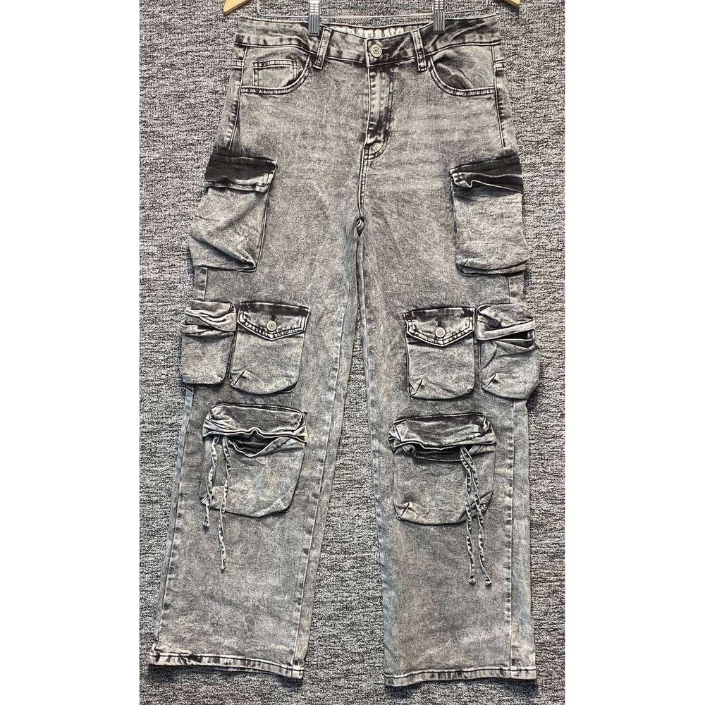 VIP Jeans Cargo Pants Womens 11 Gray Acid Wash Multi Pocket Y2K Streetwear Denim